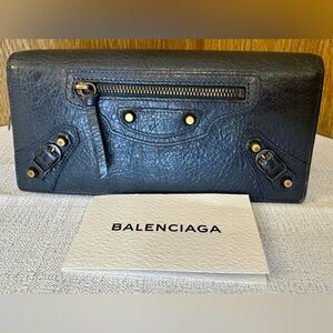 Balenciaga Black Leather Zip-Around Wallet with Studded Details